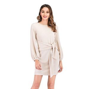 RVivimos - Womens Long Sleeve Knitted Bodycon Tie Waist Dress